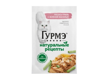 Пауч Гурмэ для взрослых кошек, Лосось и зеленая фасоль, Натуральные рецепты, 75 г