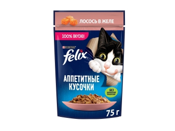 Пауч Felix для взрослых кошек, кусочки в желе с лососем, Аппетитные кусочки, 75 г Зообазар