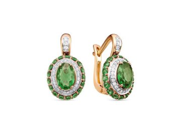 Серьги с английским замком RoseGrace, красное золото 585 проба, вставка бриллиант/изумруд