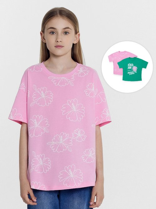 Футболка для девочек мультипак (2 шт.) в зеленом и розовом цвете с цветами, фото 1 из 7