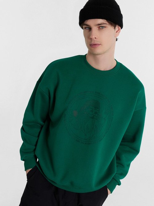 Свитшот мужской зеленый с новогодним принтом, фото 1 из 5