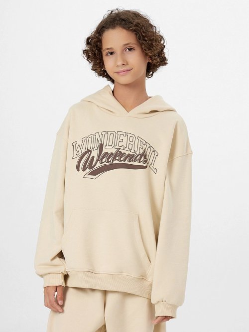 Худи для мальчиков бежевое с надписью "Wonderful weekends", фото 2 из 9