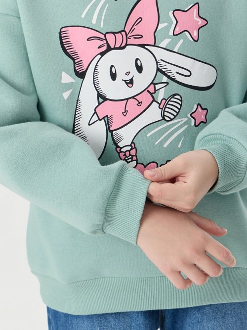 Свитшот для девочек зеленый с надписью "Bunnybun", фото 5 из 28
