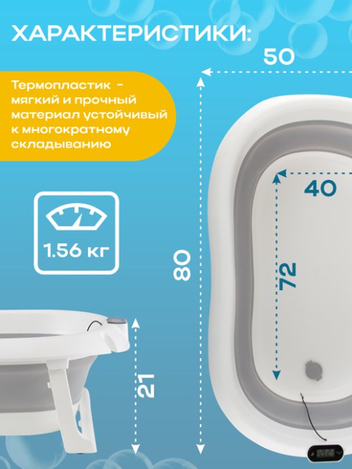 Ванночка детская складная с термометром для воды Baby Care, фото 2 из 57