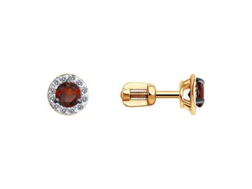 Серьги пусеты Diamant, красное золото 585 проба, вставка фианит/гранат