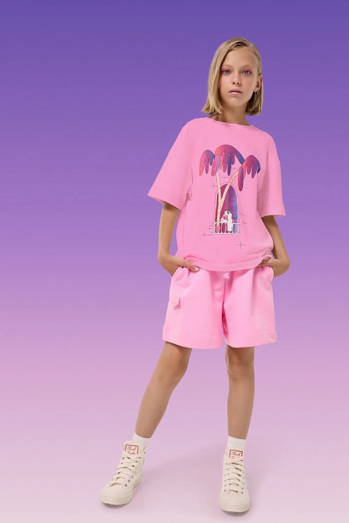 Футболка для девочек розовая с печатью, фото 1 из 6