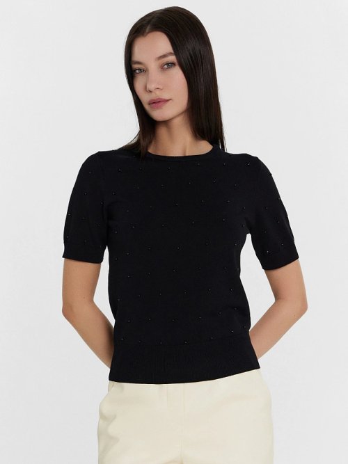 Джемпер женский черный с декором в виде бусин, фото 2 из 25
