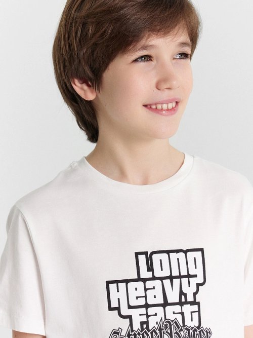 Футболка для мальчиков белая с принтом и надписью "long heavy fast", фото 5 из 6