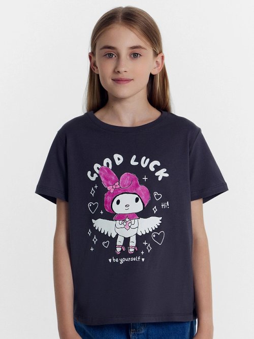 Футболка для девочек серая с зайкой, фото 1 из 5