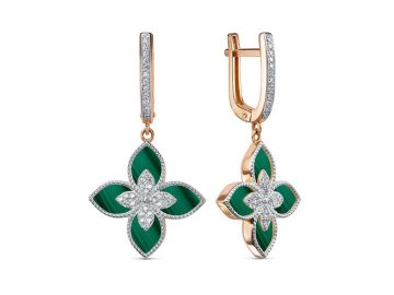 Серьги длинные Berger, красное золото 585 проба, вставка малахит