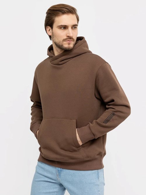 Теплое свободное худи кофейного цвета с карманом-кенгуру, фото 3 из 5