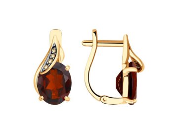 Серьги с английским замком Diamant, красное золото 585 проба, вставка фианит/гранат