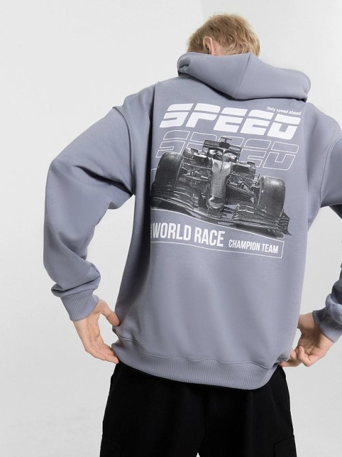 Худи мужское серое с принтом и надписью "world race", фото 1 из 16