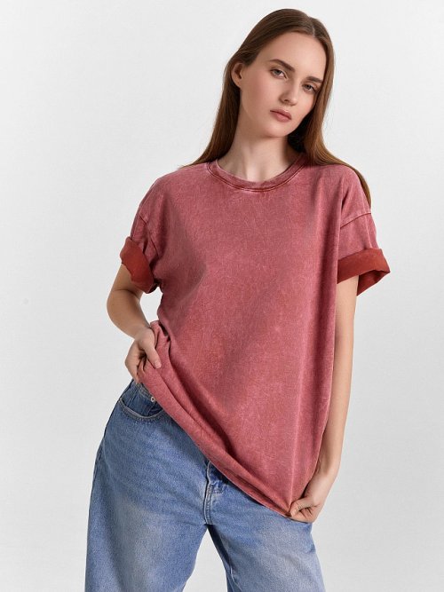 Футболка женская оверсайз терракотовая с обработкой эйсид, фото 5 из 8