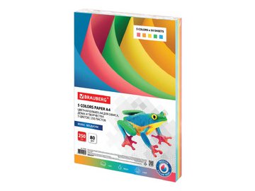 Бумага цветная BRAUBERG 112465 А4, 80г/м, 250 л, (5цв.х50л), медиум