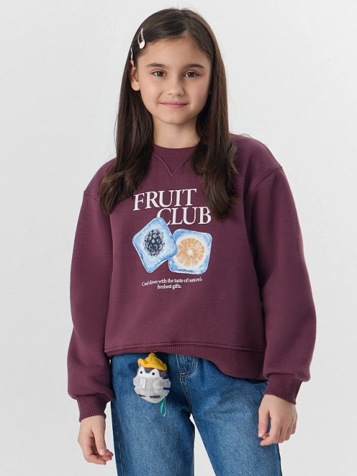Свитшот для девочек бордовый с надписью "Fruit club", фото 6 из 24