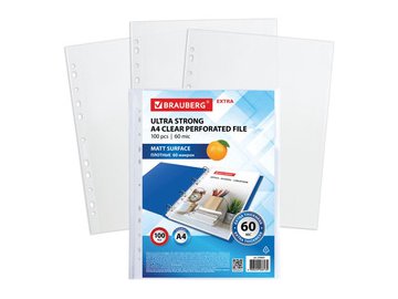 Файлы BRAUBERG А4 EXTRA 229664 (100 шт, гладкие, 60 мкм)