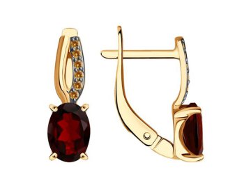 Серьги с английским замком Diamant, красное золото 585 проба, вставка фианит/гранат