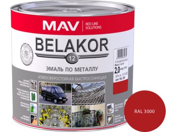Эмаль BELAKOR 12 по металлу атмосферостойкая быстросохнущая RAL 3000 красная полуглянцевая 2,4л (2 кг)