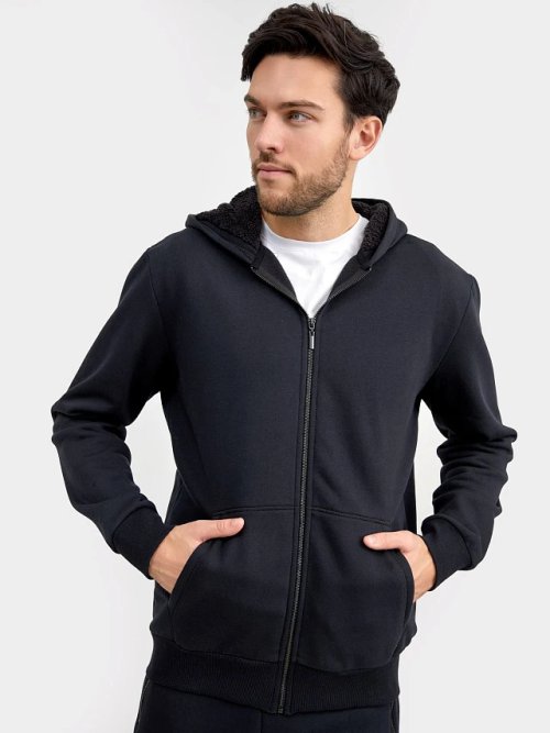 Теплая толстовка на молнии с меховым капюшоном в черном цвете, фото 3 из 5