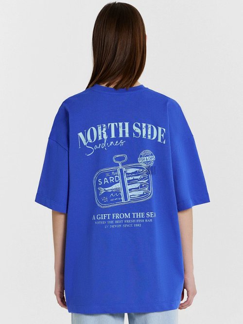 Футболка женская синяя с принтом и надписью "north side", фото 2 из 6