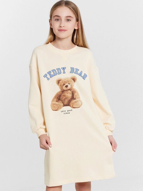 Платье для девочек бежевое с принтом "Teddy bear", фото 3 из 20