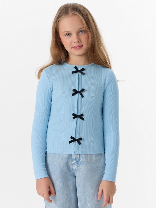 Джемпер для девочек голубой с декоративными бантиками, фото 1 из 5