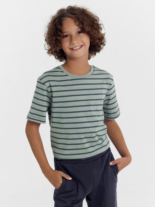 Футболка для мальчиков в серо-зеленую полоску, фото 1 из 5