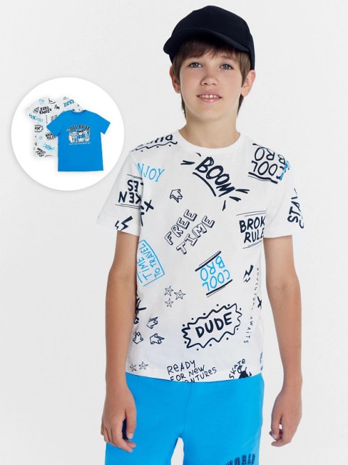 Футболка для мальчиков мультипак (2 шт.) в лазурном и голубом цвете с печатью, фото 1 из 7