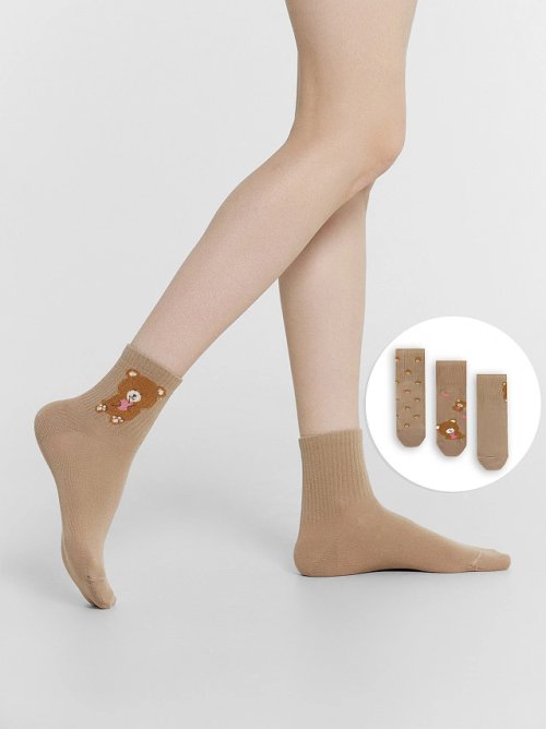 Носки женские мультипак (3 пары) коричневые с рисунком в виде медведей, фото 1 из 4