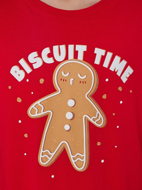 Пижама женская красная с принтом "пряничные человечки" и надписью "biscuit time", фото 7 из 18