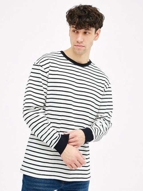 Лонгслив мужской в молочно-серую полоску, фото 1 из 5