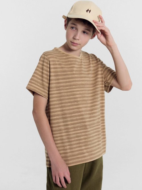 Футболка для мальчиков темно-бежевая в полоску, фото 1 из 5