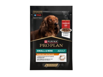 Пауч Purina Pro Plan для взрослых собак миниатюрных и малых пород, кусочки в соусе с говядиной, 85 г