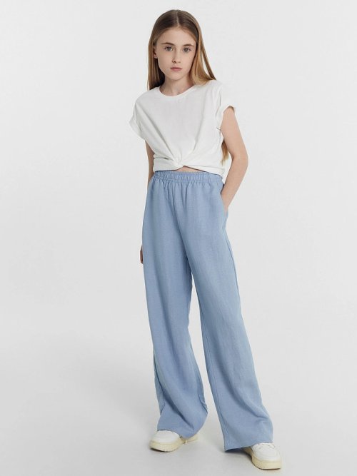 Брюки для девочек серо-голубые из вискозы и льна, фото 3 из 7