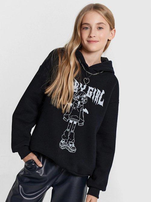 Худи для девочек черное с печатью, фото 1 из 6