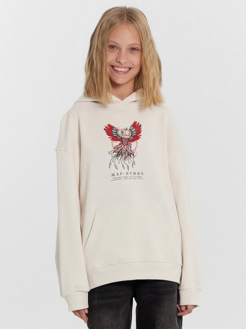 Худи для девочек бело-бежевое с Жар-Птицей, фото 4 из 9