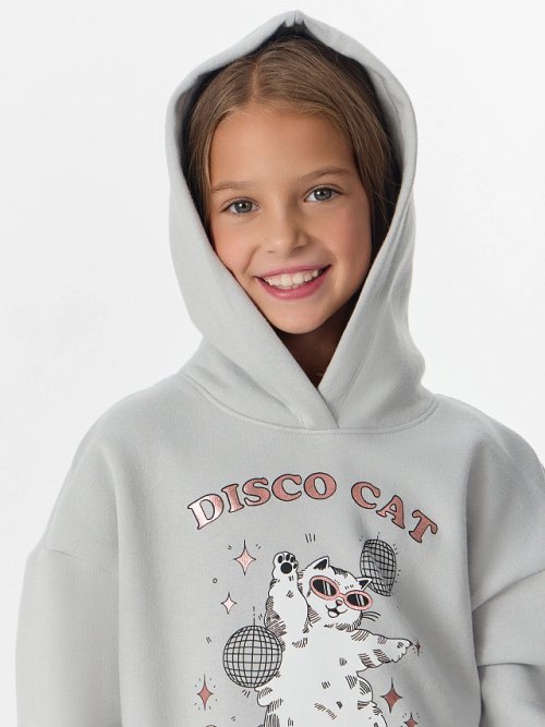 Худи для девочек серое с надписью "Disco cat", фото 5 из 32