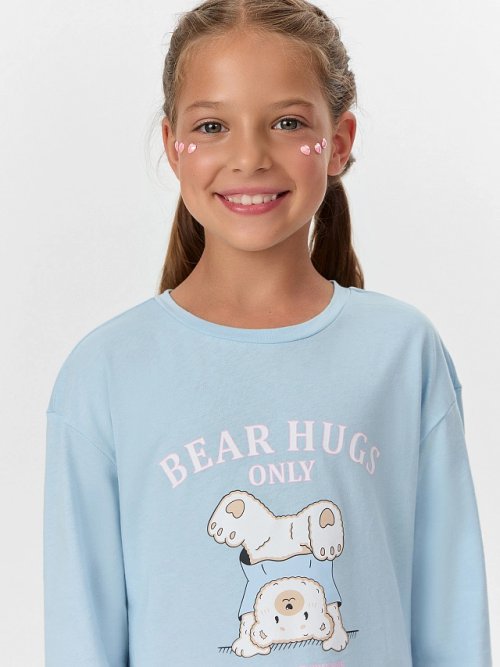 Сорочка ночная для девочек голубая с принтом и надписью "Bear Hugs only", фото 4 из 16