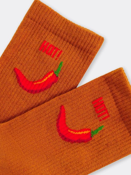 Носки мужские коричневые с махровой стопой и рисунком в виде перчика, фото 2 из 4