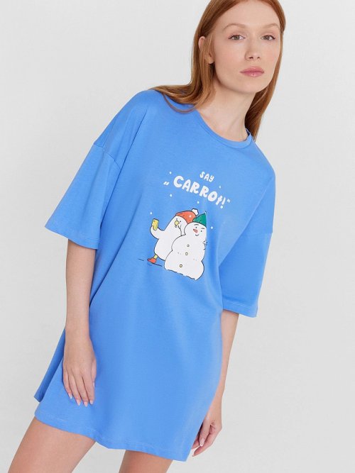 Туника женская домашняя голубая с принтом и надписью "Say carrot!", фото 1 из 8