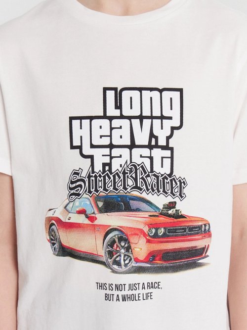 Футболка для мальчиков белая с принтом и надписью "long heavy fast", фото 6 из 6