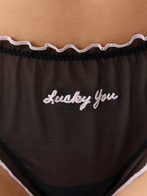 Трусы бразилиана черные из сеточки с надписью "Lucky you", фото 5 из 16