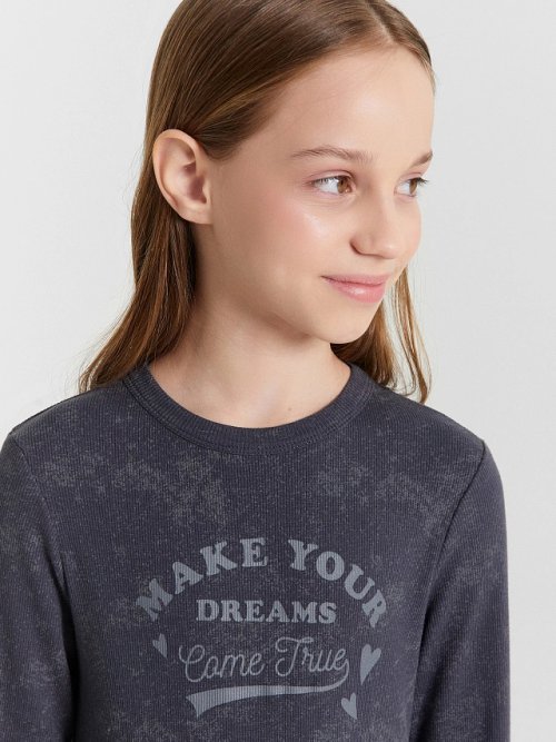 Лонгслив для девочек серый с обработкой эйсид и надписью "make your dream", фото 5 из 20