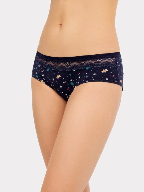 Трусы женские шортики темно-синие с принтом "новогодняя россыпь", фото 1 из 9