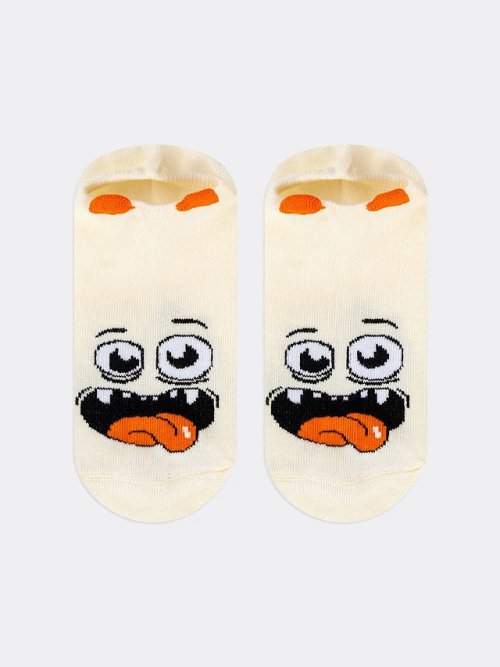 Носки детские короткие бежевые с рисунком монстрика и 3-д, фото 1 из 8