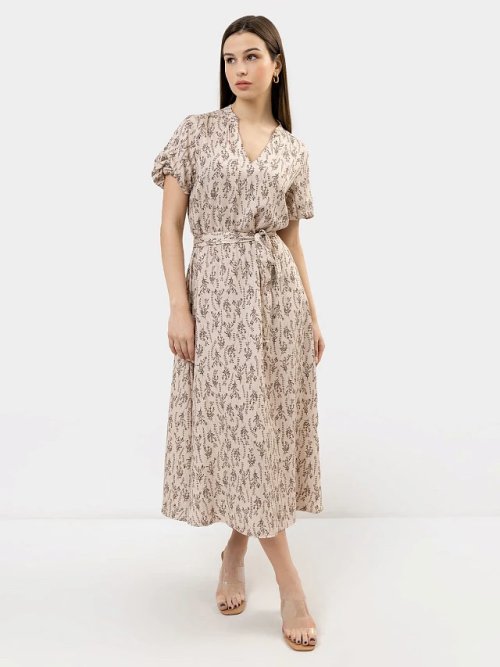 Платье женское миди в бежевом оттенке с цветочным принтом, фото 1 из 3