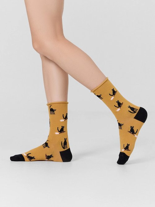 Носки женские оранжевые с принтом котов, фото 3 из 7