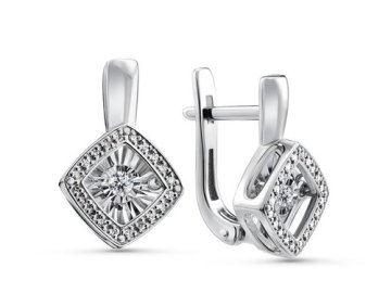 Серьги с английским замком Grigoriev, белое золото 585 проба, вставка бриллиант
