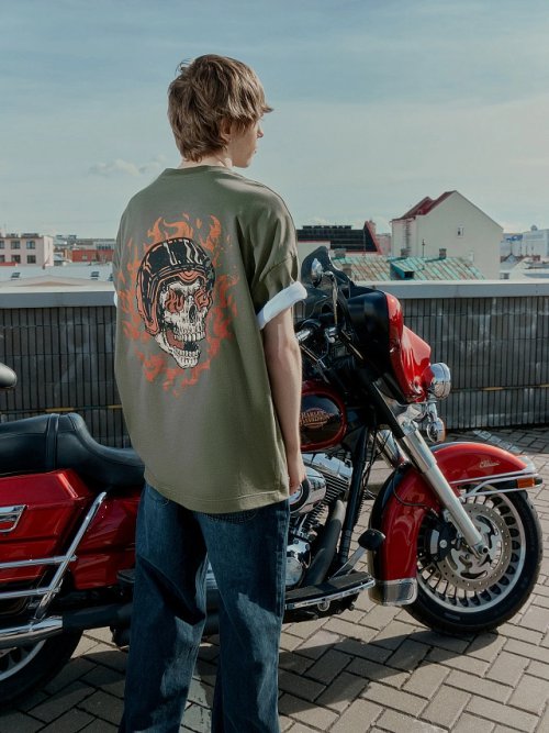 Футболка мужская хаки с принтом и надписью "let's ride", фото 1 из 16